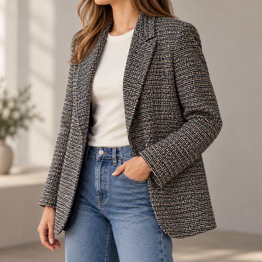 Theory 10 Navy Cream Tweed Wool Blend Open Front Blazer